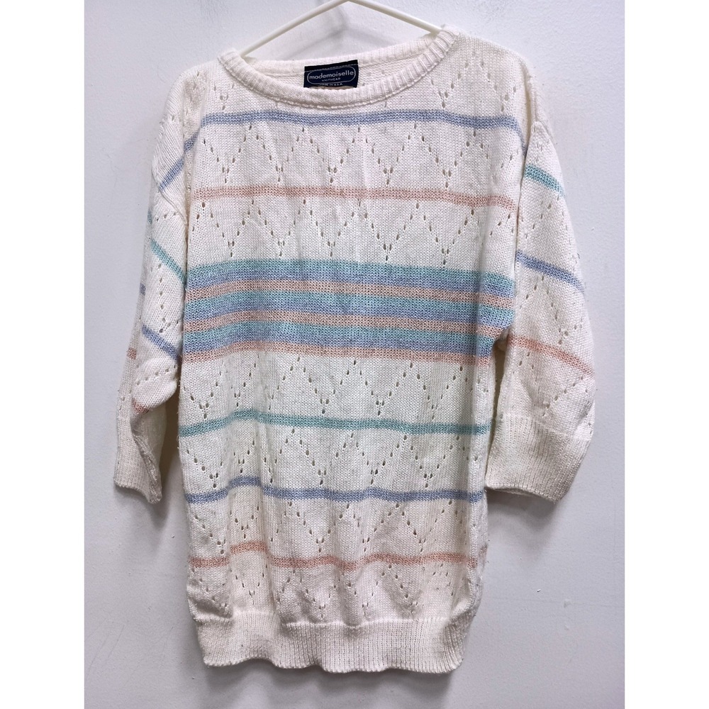 VTG 80s Mademoiselle Knitwear Sweater Womens Small White Pastel Striped‎ Cottage